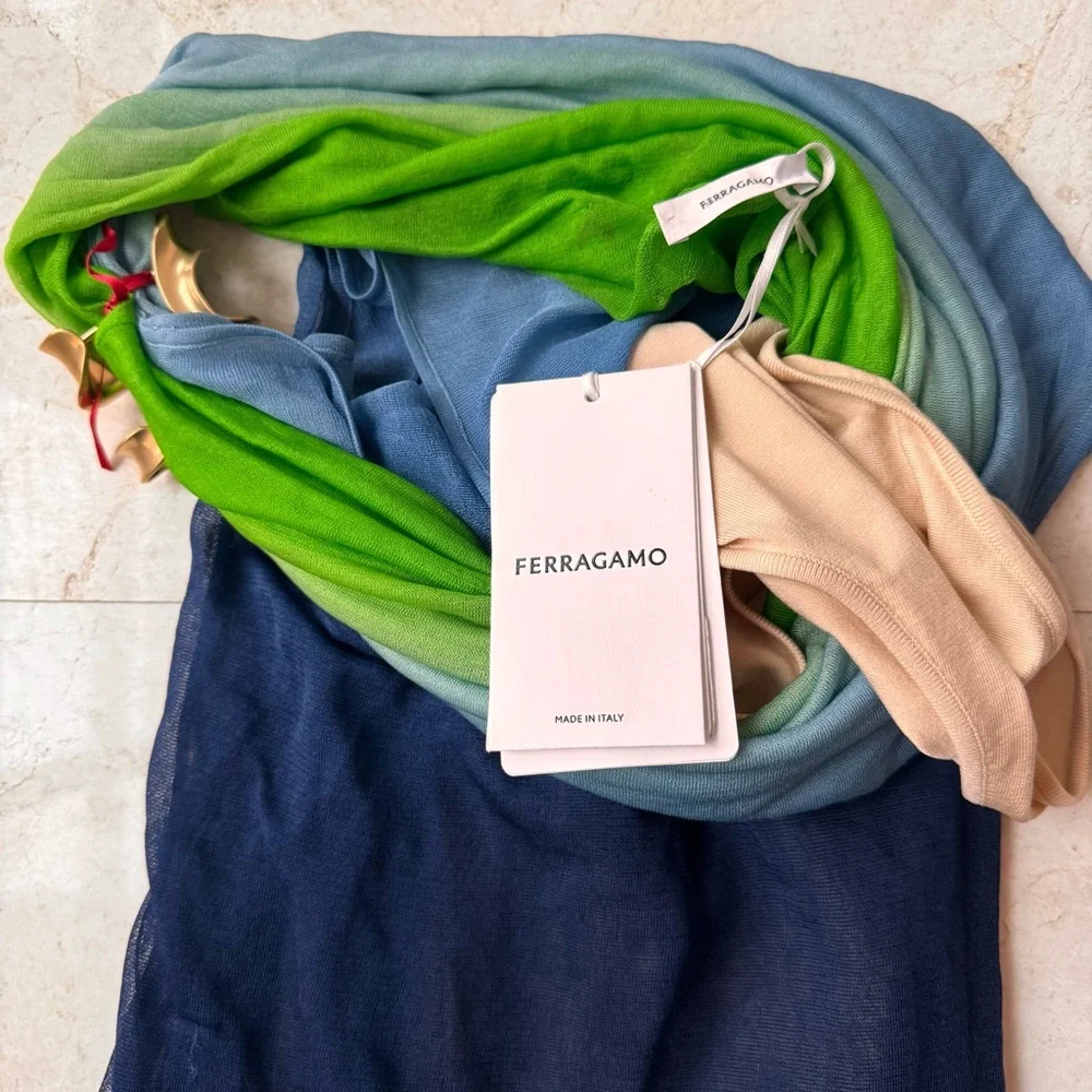 Ferragamo Silk Asymmetrical blue and Green Ombre Maxi Dress size M - Picture 6 of 16